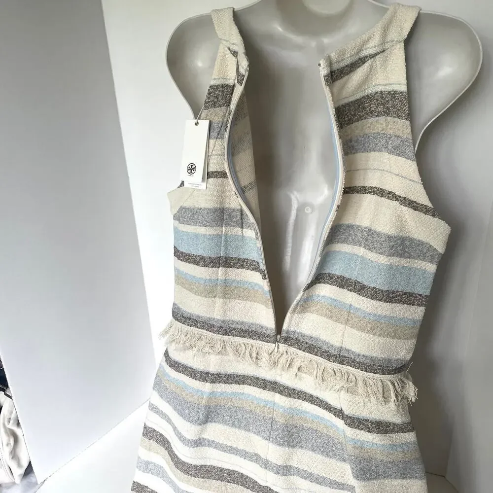 Tory Burch Jane Sheath Dress Off White Stripe Fringe Sleeveless 10